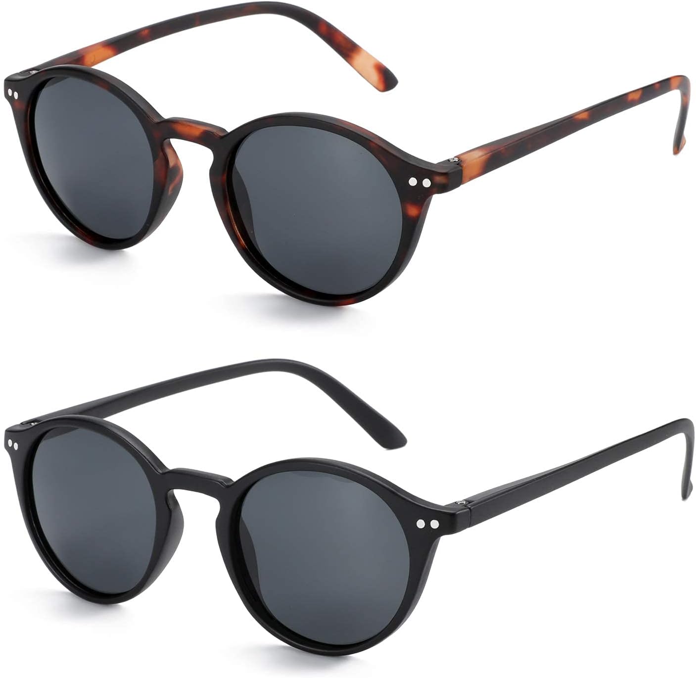 2 Paires de Lunettes de Soleil Polarisées pour Homme et Femme - Lunettes Vintage Rondes et Carrées de Style Rétro - Protection UV400 Cat.3 C1 Rond Noir & Ronde Écaille