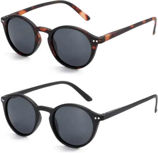 2 Paires de Lunettes de Soleil Polarisées pour Homme et Femme - Lunettes Vintage Rondes et Carrées de Style Rétro - Protection UV400 Cat.3 C1 Rond Noir & Ronde Écaille