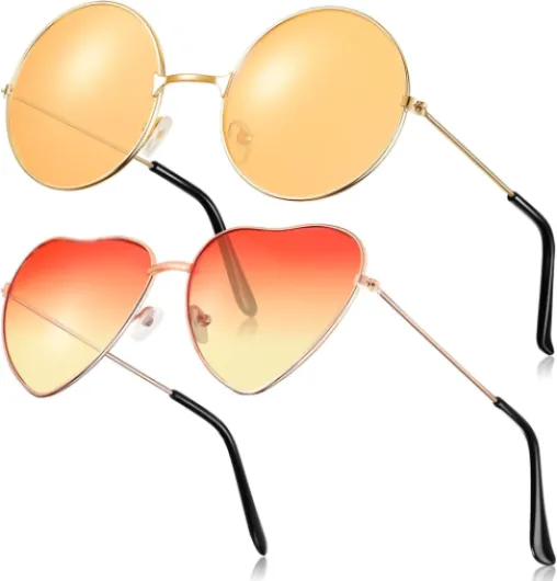 2 Paires Lunettes de Soleil Hippies Lunettes de Soleil Rétro Lunettes de Soleil Vintage Lunettes de Soleil Rondes et Forme de Cœur pour Déguisement Costume Hommes Femmes Orange