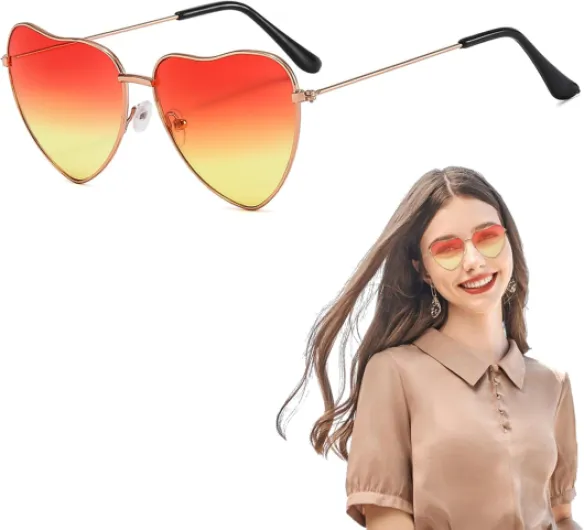 Lunettes de soleil en forme de cœur orange - Lunettes de soleil pour femme - Style hippie - Style rétro années 70 et 80 - Orange - Pour fête, carnaval, anniversaire