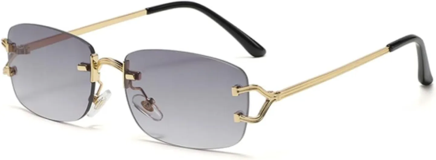 Kachawoo Petites lunettes de soleil carrées sans monture pour femmes en métal sans monture lunettes de soleil rétro de marque de luxe lunettes de conception lunettes à lentille étroite Doré avec Gris