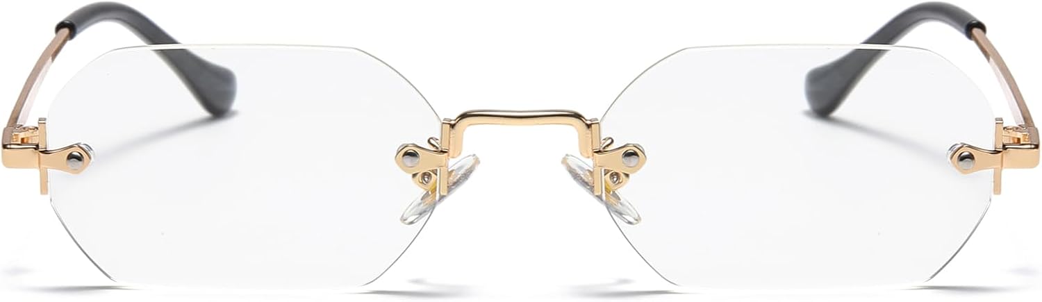 Lunettes de soleil rétro rectangulaires sans monture pour homme et femme tendance en métal doré polygone Lunettes de soleil sans monture Or/Transparent