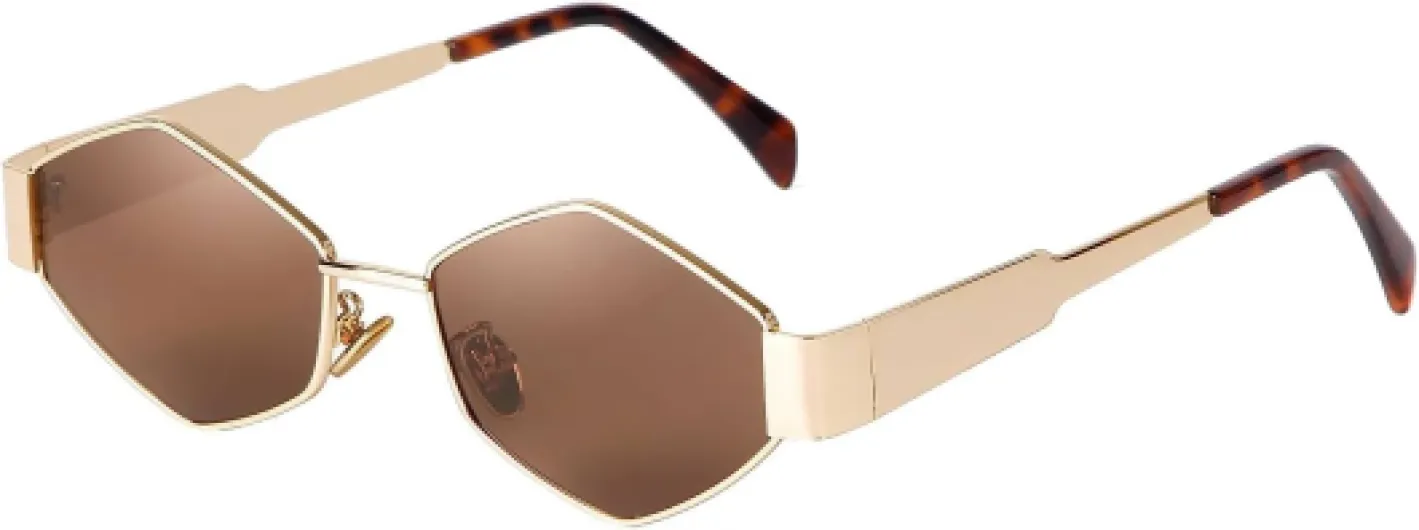 Lunettes de soleil pour femme - Or vintage - Lunettes étroites hexagonales - Cadre en métal rétro UV400 Doré/Marron