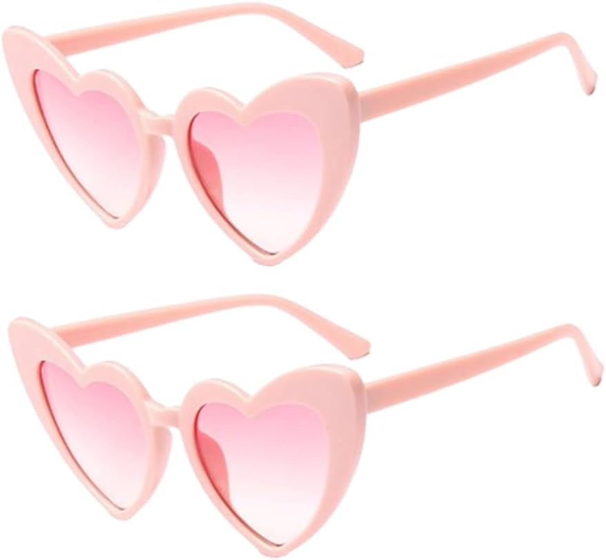 2 paires de lunettes de soleil de fête en forme de coeur avec des verres roses - Elles ont une fonction de protection solaire et peuvent bloquer les rayons ultraviolets.