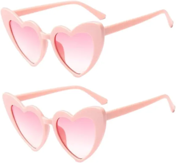2 paires de lunettes de soleil de fête en forme de coeur avec des verres roses - Elles ont une fonction de protection solaire et peuvent bloquer les rayons ultraviolets.