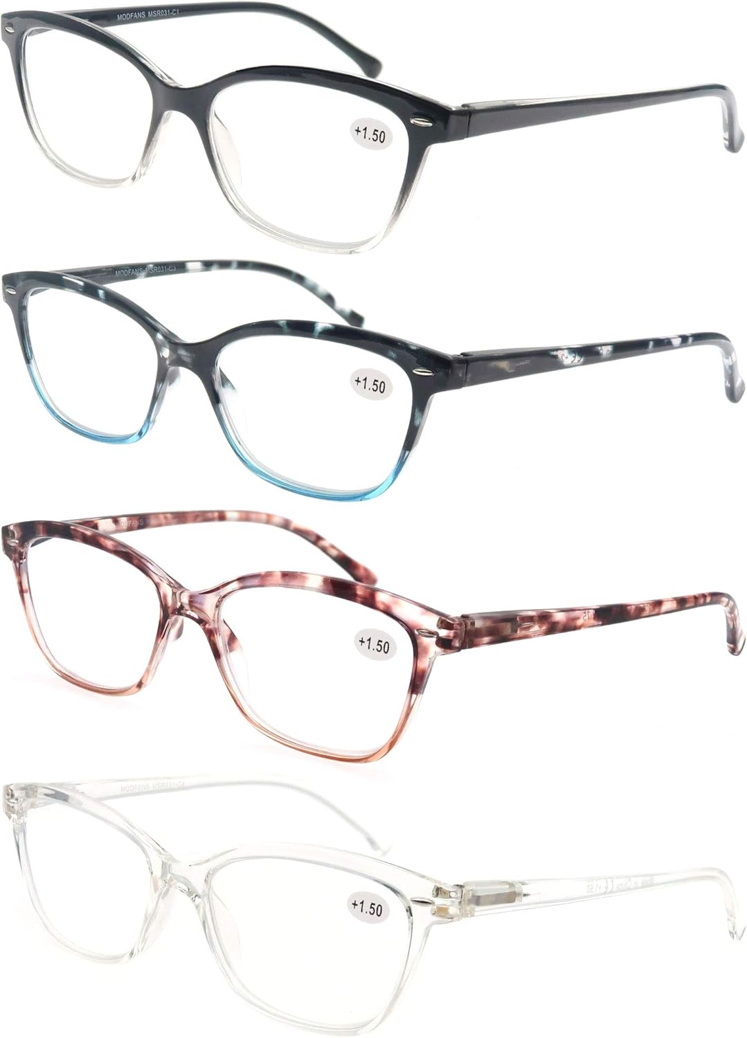 MODFANS Lot de 3 Lunettes de Lecture Femmes,Lunettes de Vue Branches a Ressort,Leger Comfort Vision Nette,Lunettes Loupe Ronde Style Fashion +1.50 4 Couleurs Melangees