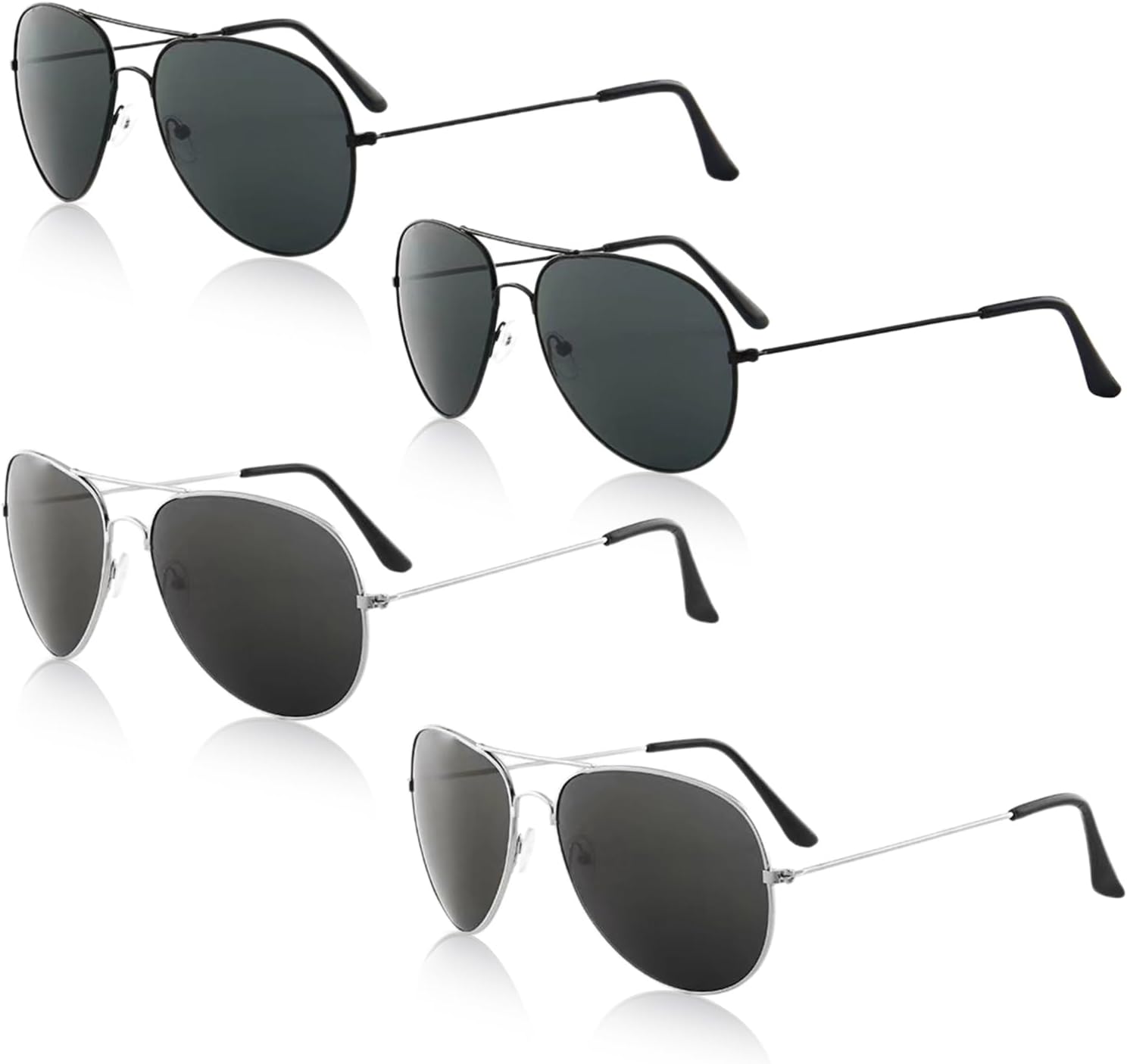 Lot de 4 lunettes de soleil pour homme et femme, style pilote classique, lunettes de soleil unisexes ultra légères avec protection UV pour Halloween, cosplay, pêche, course à pied, cyclisme Noir/Argenté