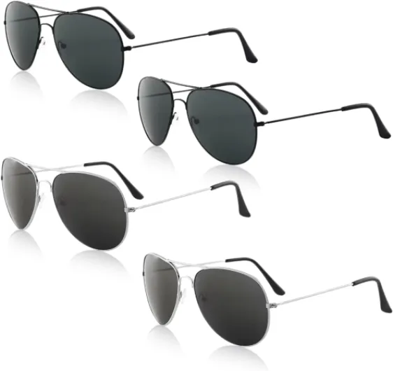 Lot de 4 lunettes de soleil pour homme et femme, style pilote classique, lunettes de soleil unisexes ultra légères avec protection UV pour Halloween, cosplay, pêche, course à pied, cyclisme Noir/Argenté