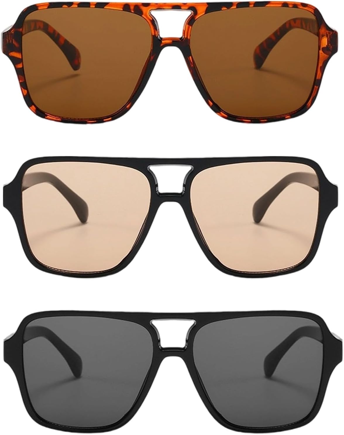 3 Pack Lunettes de Soleil Rectangulaires Rétro Vision Nocturnepour, Femmes Hommes Lunettes de Protection UV400 Carrées à Double Pont, Classiques Vintage Aviateur Lunette 70s pour la Conduite