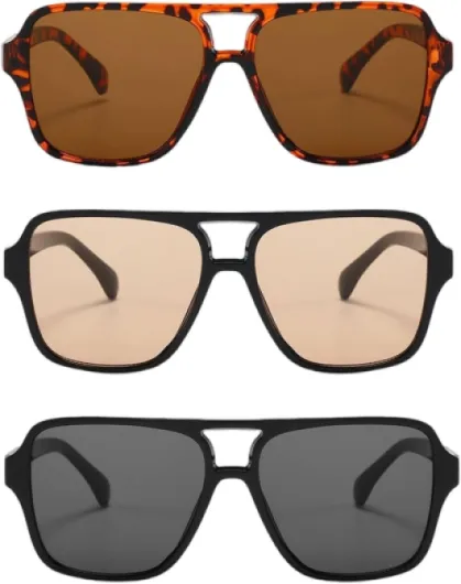 3 Pack Lunettes de Soleil Rectangulaires Rétro Vision Nocturnepour, Femmes Hommes Lunettes de Protection UV400 Carrées à Double Pont, Classiques Vintage Aviateur Lunette 70s pour la Conduite