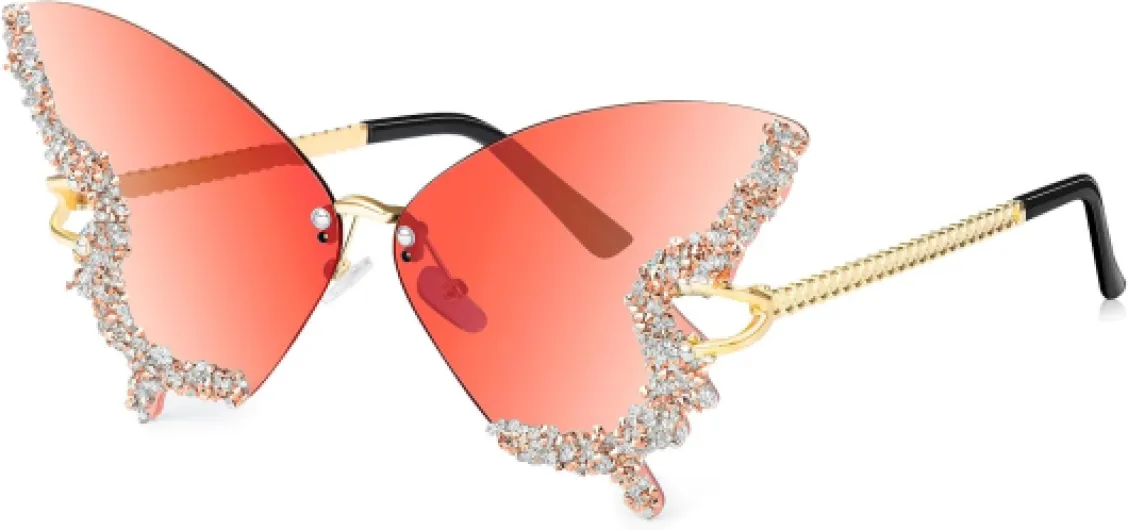 Lunettes de Soleil Papillon Femme Lunettes Sans Monture Mode en Strass de Couleur Diamant Sunglasses Rave du Festival Lunettes Protection UV400 Rose