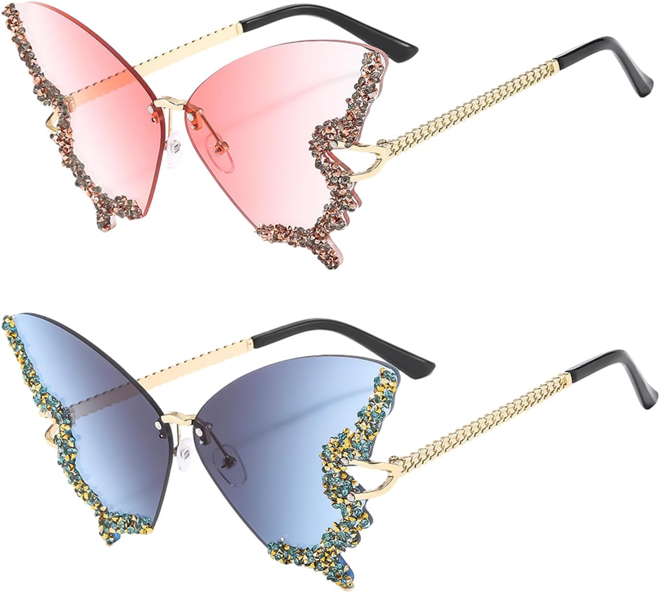 2 Paires de Lunettes Papillon en Strass, Lunettes de Soleil Sans Monture pour Femmes, Mode Créative, Accessoires