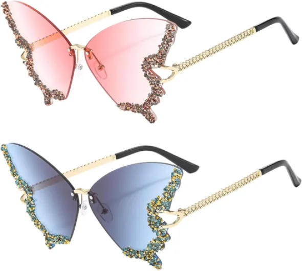 2 Paires de Lunettes Papillon en Strass, Lunettes de Soleil Sans Monture pour Femmes, Mode Créative, Accessoires