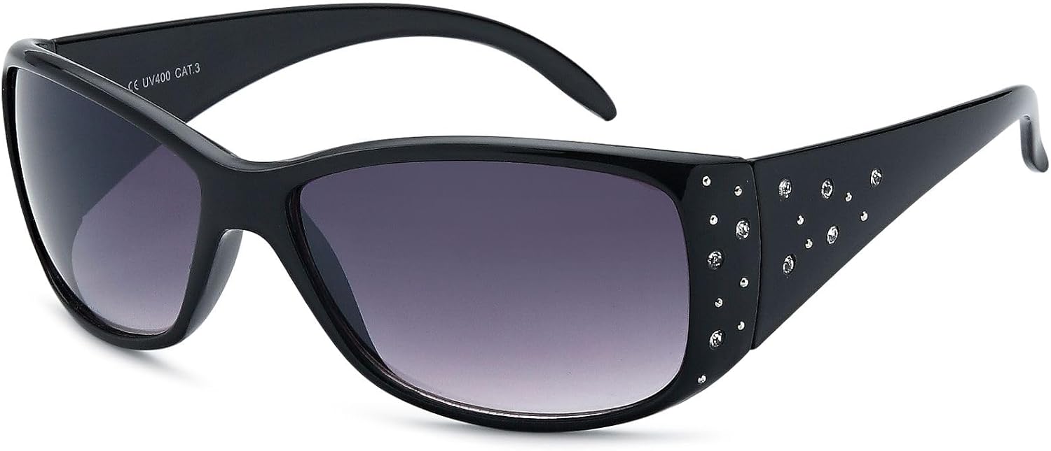 Lunettes de soleil pour femmes en forme de papillon avec strass et dégradé, monture en plastique pleine 09020055 Monture Noire / Verre Dégradé Gris-violet