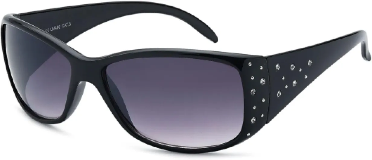 Lunettes de soleil pour femmes en forme de papillon avec strass et dégradé, monture en plastique pleine 09020055 Monture Noire / Verre Dégradé Gris-violet