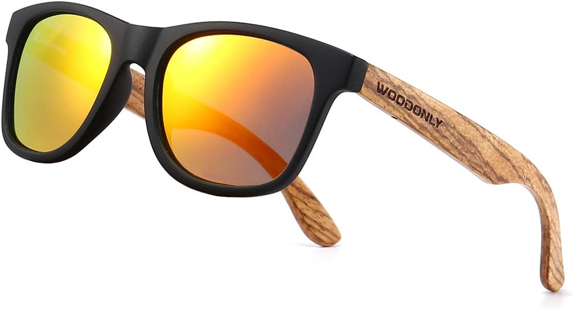 Lunettes de Soleil Rétro Polarisées en Bois - Lunettes Carrées avec Protection UV400 pour Hommes et Femmes Cadeaux Parfaits Bois Zebré+orange