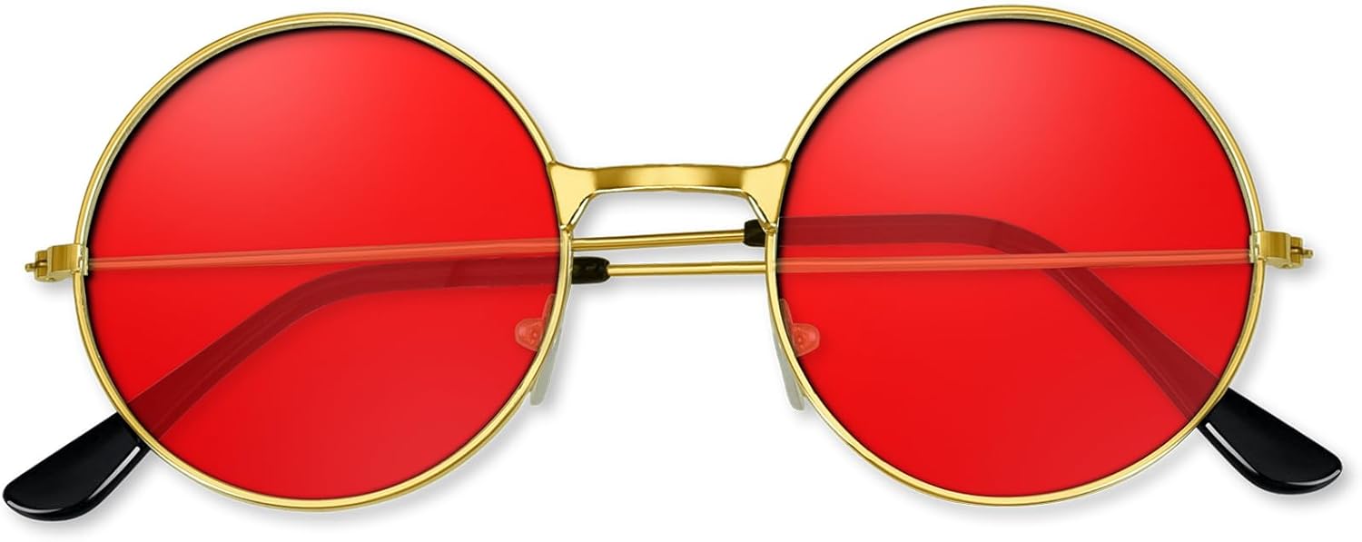 1 à 3 paires de lunettes de soleil rondes hippie des années 70 pour femme avec chiffon coloré A09-rouge Rouge