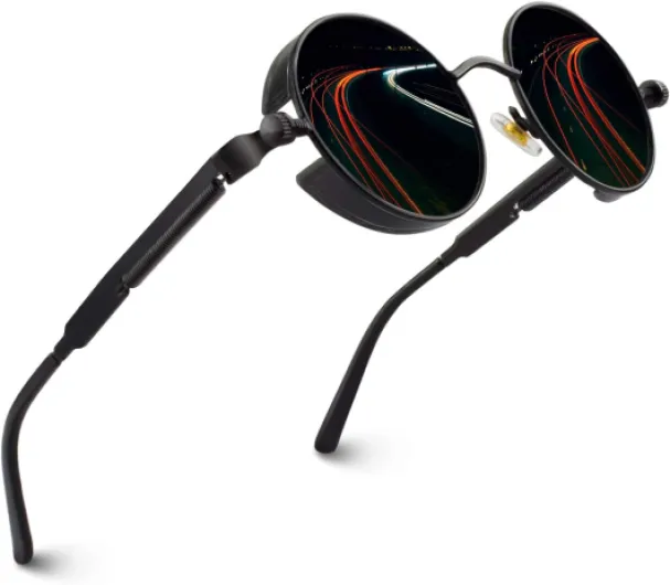 E72 Lunettes de soleil homme femme ronde polarisées inspirées du style retro Steampunk en cercle métallique 1 Monture Noir Lentille Gris