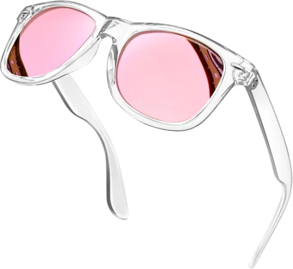 Lunettes de Soleil Polarisées Homme et Femme Mode Vintage Lunette de Soleil Rectangulaire Rétro Classique Protection 100% UV400 Léger Rose Monture Transparente