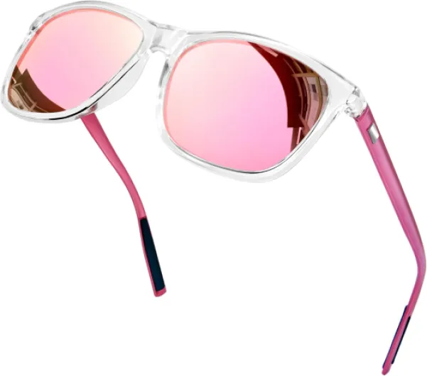 Lunettes de Soleil Polarisées pour Homme et Femme UV400 et Lunettes Conduite de Nuit Jaunes Anti Eblouissement Rectangulair AL-MG Monture Transparente Bras Roses Verres Miroir Roses