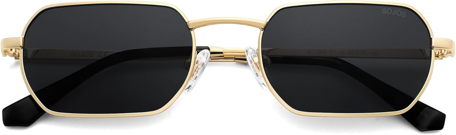 SJ1262 Lunettes de soleil rectangulaires en métal style rétro pour homme et femme Lunettes classiques rectangulaires polarisées UV400 Monture Dorée et Verres Gris