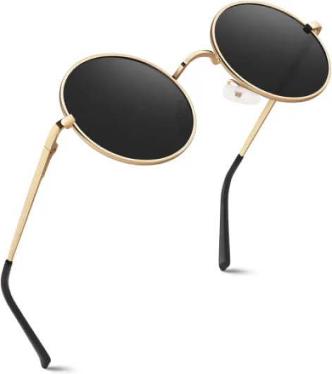 Lunettes de Soleil Homme et Femme Polarisées Classiques Ronde Rétro Vintage Métal Cadre Unisexe Avec Protection UV400 MEZ1 Doré Gris