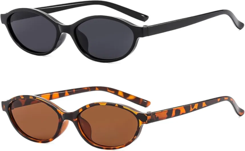 2 Pièces Lunettes de Soleil Ovales, 90S Narrow Skinny Trendy Vintage Lunettes de Soleil Rétro Tendance Protection Élégantes Lunette pour Femmes et Hommes Sortie Plage Festival Quotidien(Noir+Léopard)