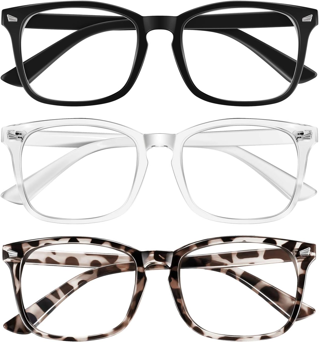 Lunettes de Lecture pour Femmes, Lunettes de Lecture Carrées pour Hommes et Femmes, Lot de 3 Lot de 3 – Noir + Léopard + Blanc 1.5 x