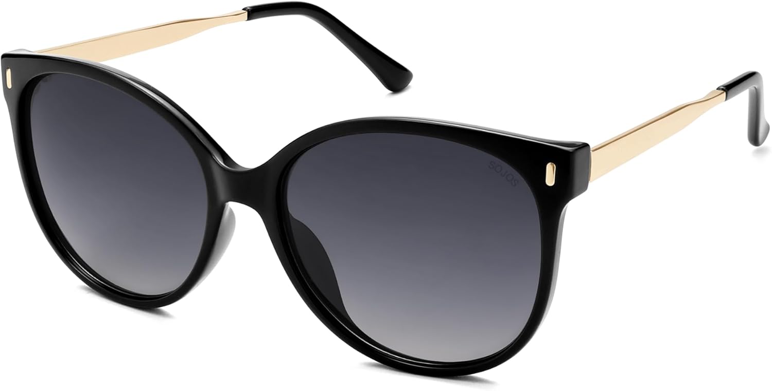 SJ2391 Lunettes de soleil rondes polarisées rétro pour homme et femme Grand œil de chat Tendance Vintage UV400 Lunettes de protection Noir/Gris