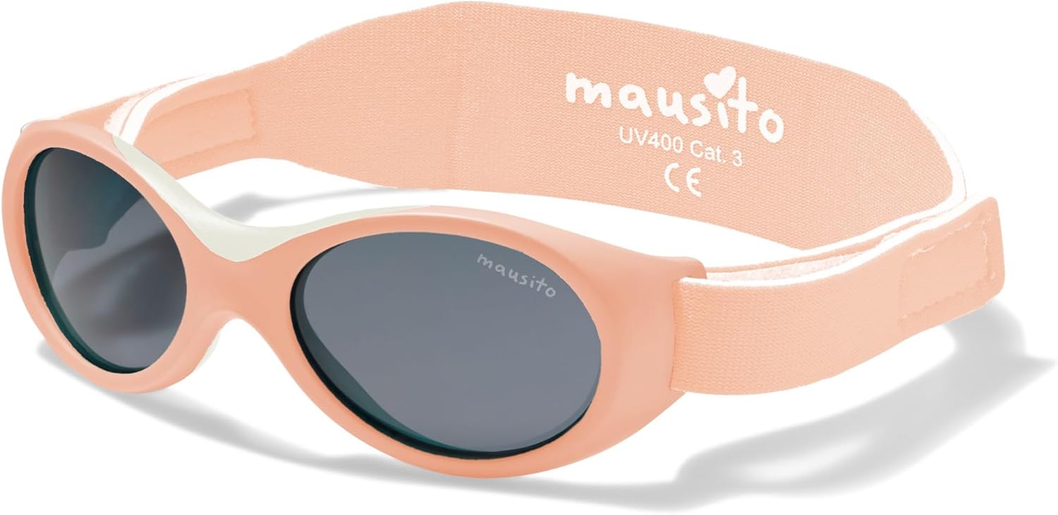 Lunettes de soleil bébé 0-18 mois bandeau ajustable et souple, monture flexible - Lunettes de soleil enfant avec protection 100% UV400 & sans BPA - Design européen moderne, maintien parfait - Taille unique Pêche