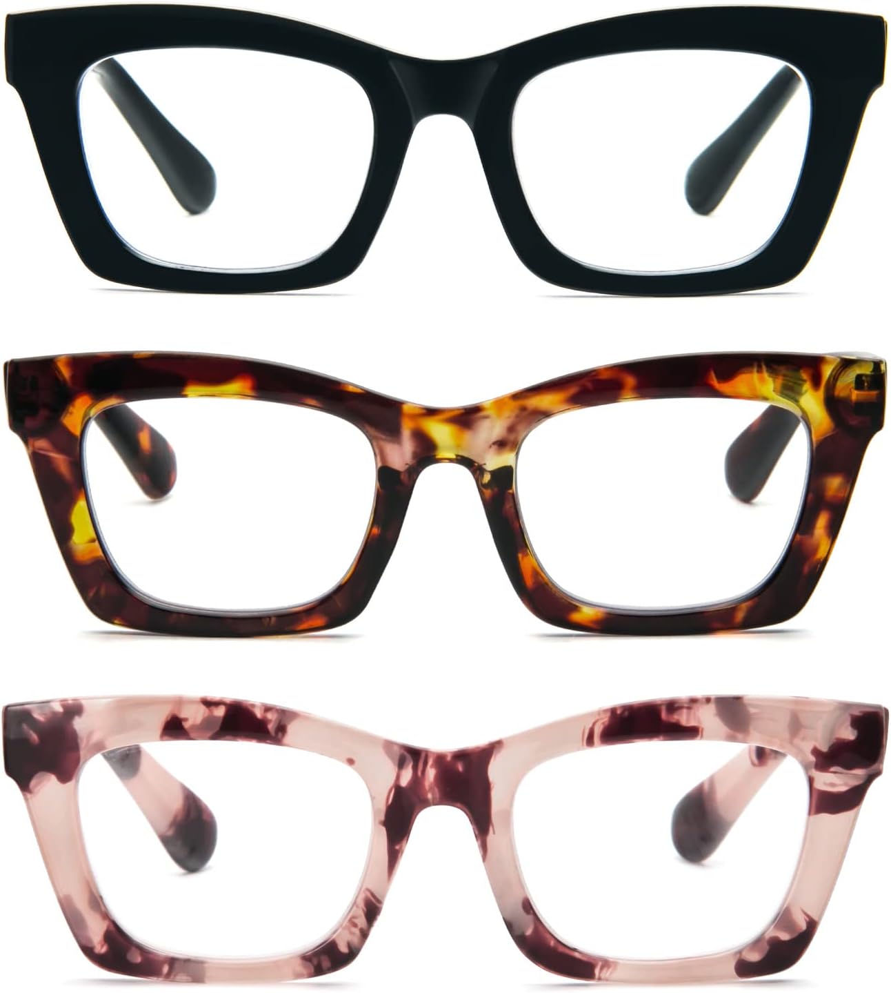 3 packs lunettes de lecture anti-lumière bleue,Femmes Poids léger Branches a Ressort informatique Lunettes Loupe，Lunettes de Vue carré style Fashion 1.5 Noir Rose Léopard Marron Léopard 1.5 Dioptres