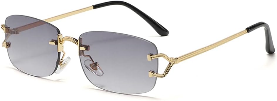 Kachawoo Petites lunettes de soleil carrées sans monture pour femmes en métal sans monture lunettes de soleil rétro de marque de luxe lunettes de conception lunettes à lentille étroite Doré avec Gris