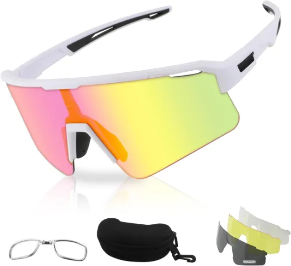Lunettes de soleil polarisées pour hommes et femmes, lunettes de cyclisme UV400 pour le baseball, Ski, cyclisme, lunettes à 3 lentilles Cadre blanc - Demi monture