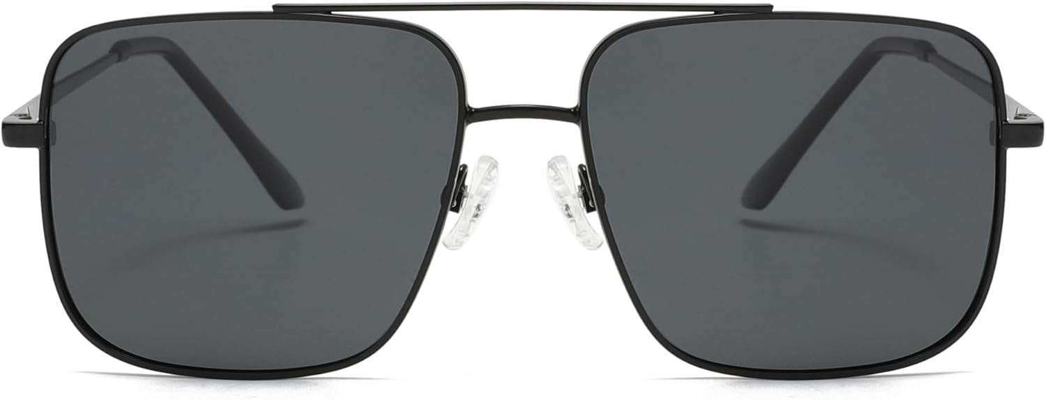Lunettes de soleil aviateur polarisées pour homme et femme - Rétro - Carrées - Double pont - Lunettes de soleil légères pour les voyages et la randonnée Noir/Gris