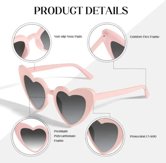 Lot de 8/16 paires de lunettes de soleil en forme de cœur UV400 - En forme de cœur - Pour femme - Pour mariage, demoiselle d'honneur, cadeau de fête Rose 16