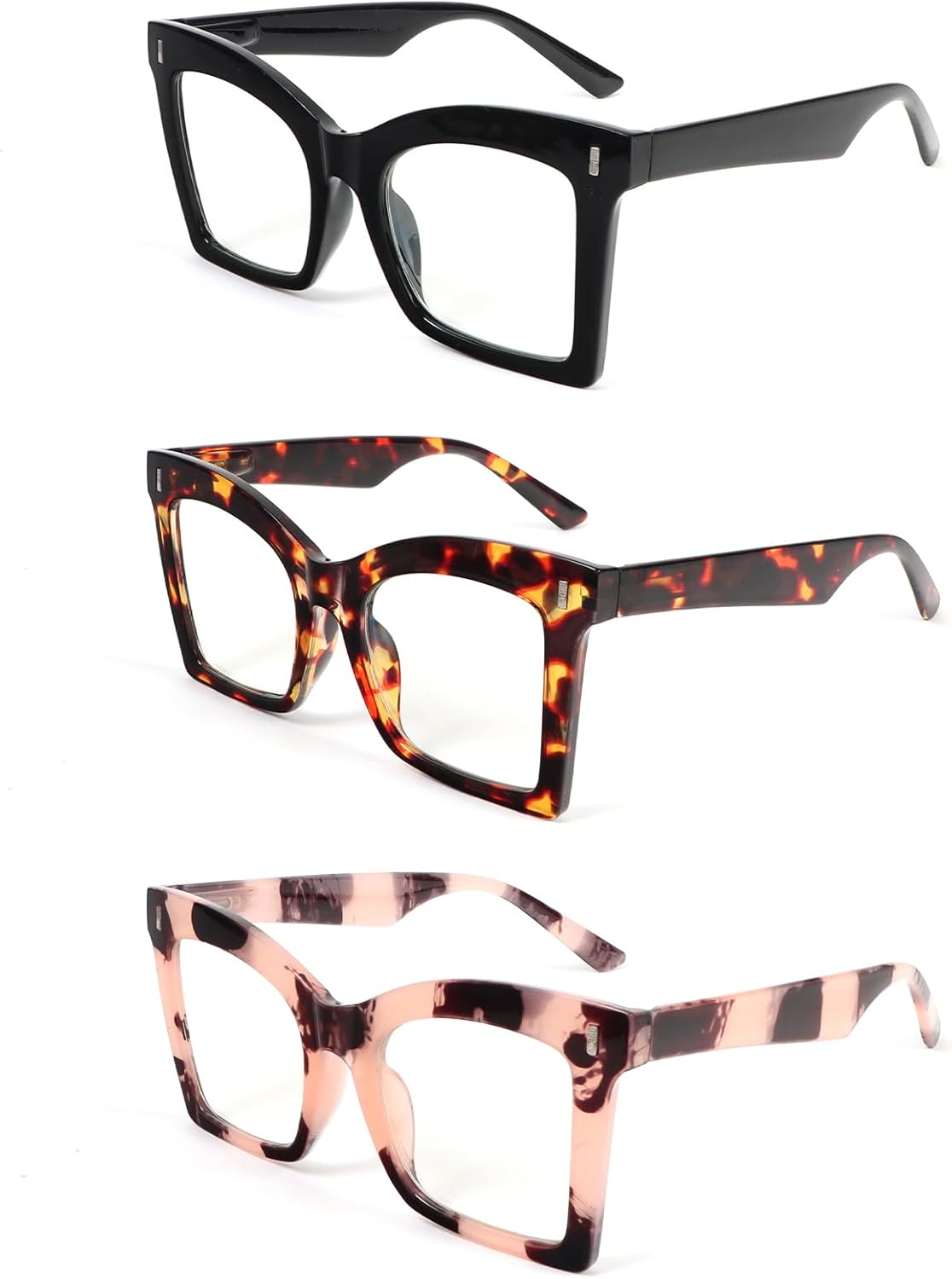 3 Pack de lunettes de lecture carrées oversize pour femmes avec charnière à ressort anti-lumière bleue Lunettes d'ordinateur 3 Pièces 1.5
