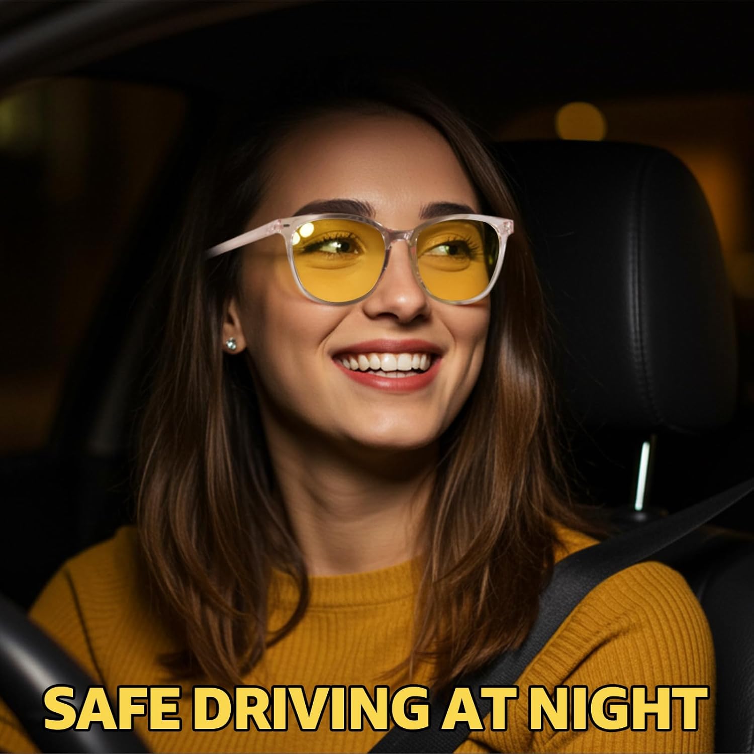 Myiaur Lunettes de vision nocturne pour femme - Lunettes polarisées anti-reflet pour conduite de nuit plus sûre - Verres jaunes carrés pour réduire l'éblouissement des phares A03 Marron Transparent