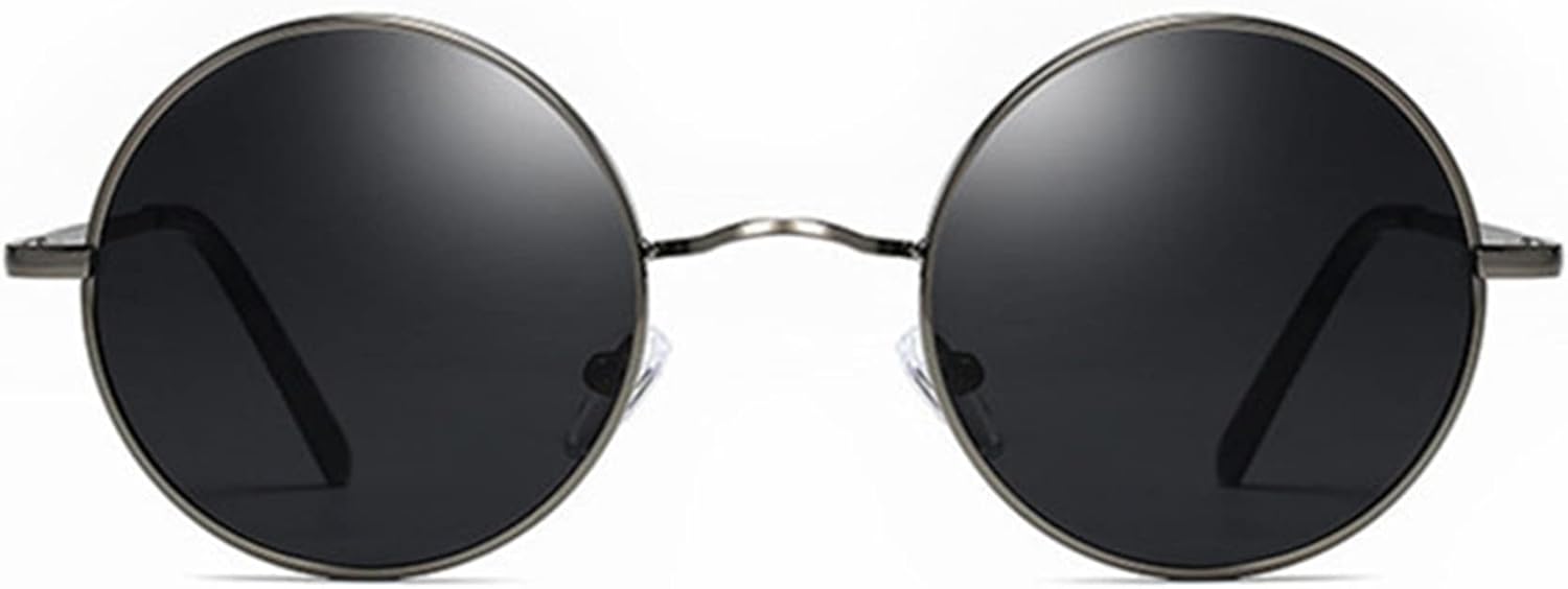 Lunettes de Soleil Polarisées Ronde Homme Femme UV400 Lunettes Rétro Vintage Cadre Métallique Gris/Noir