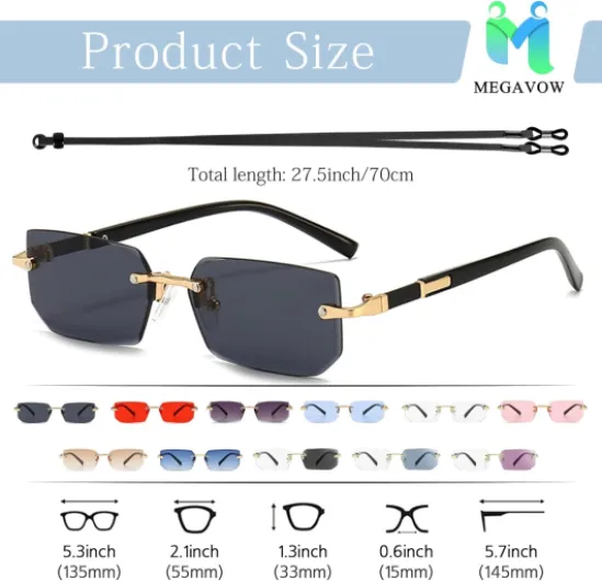 Rectangle Lunettes de Soleil sans Cadre Carrées, Coupe Diamant Lentille, Style Rétro Vintage pour Plage, Voyage, Fête, Lunette à Monture Ultra-petite pour Femmes Hommes Noir