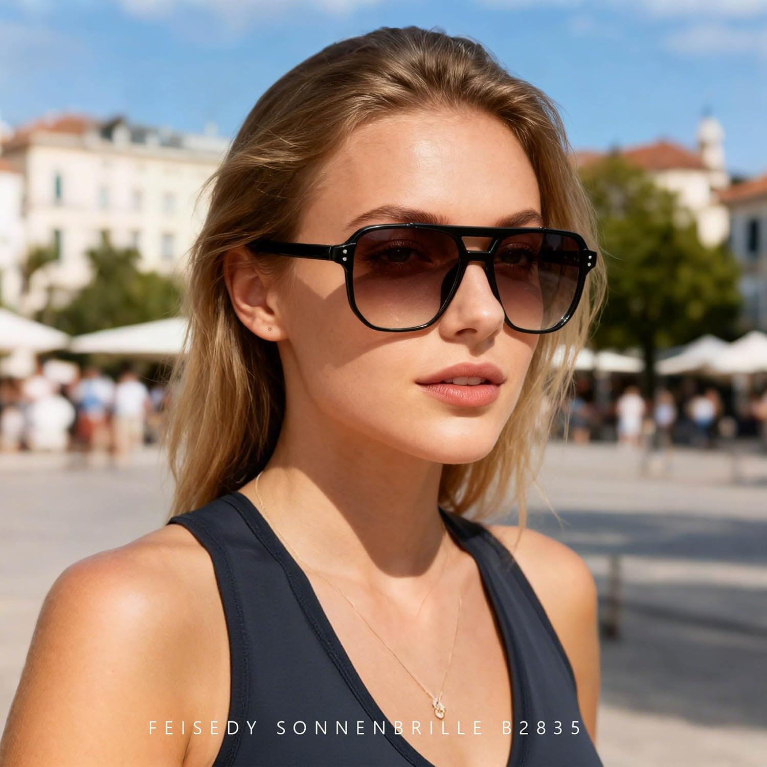 Retro Lunettes de Soleil Carrées Femme Homme 70s Vintage Lunettes Classique avec Double Pont Protection UV400 B2835 Monture Noire - Lentilles Dégradés Orange 57 Millimètres