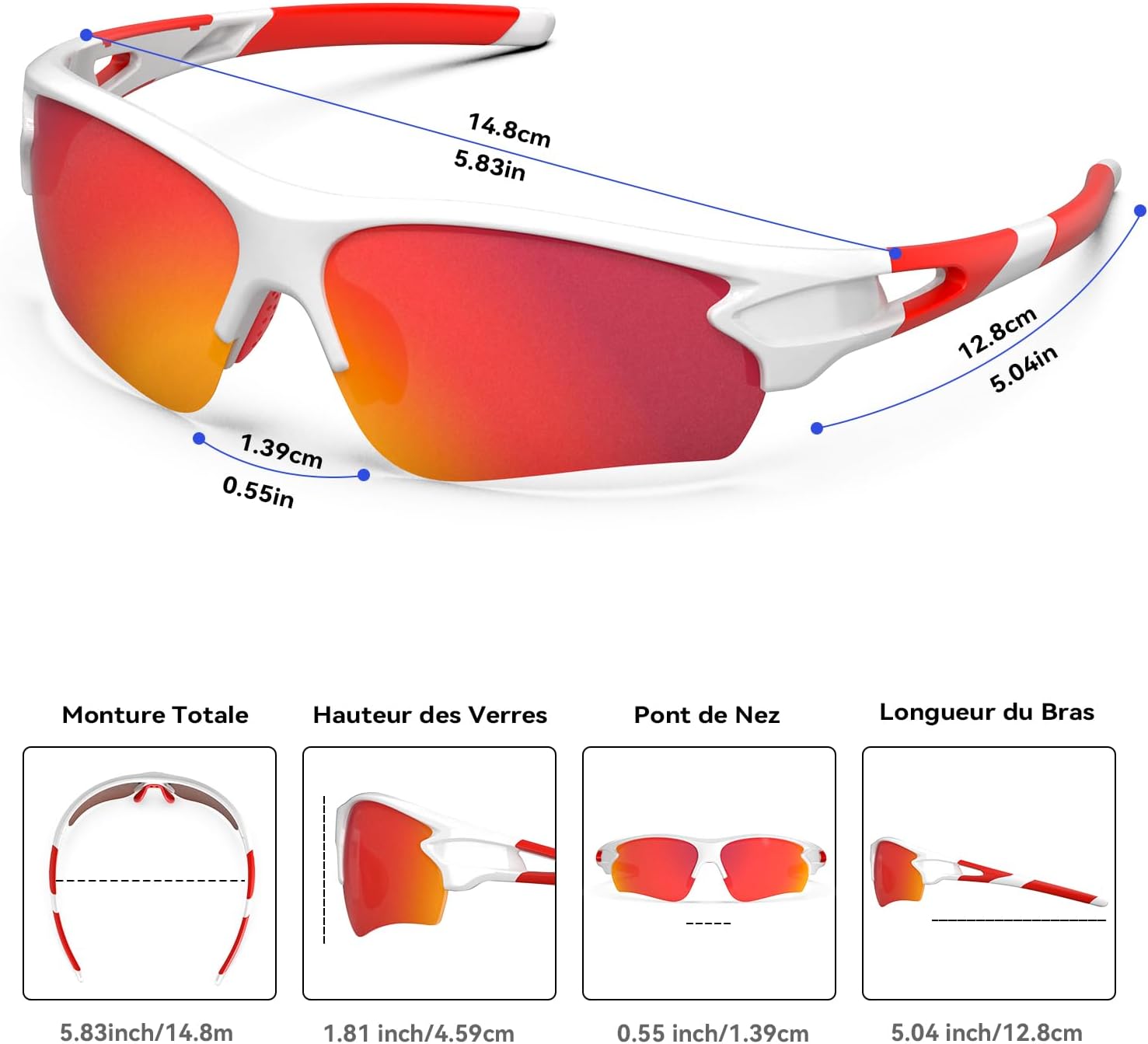 BEACOOL Lunette de Soleil de Sports Polarisée Homme Femme Lunettes de Cyclisme Jeunes Baseball Cyclisme Course Pêche Golf Moto Protection UV400 Blanc Rouge