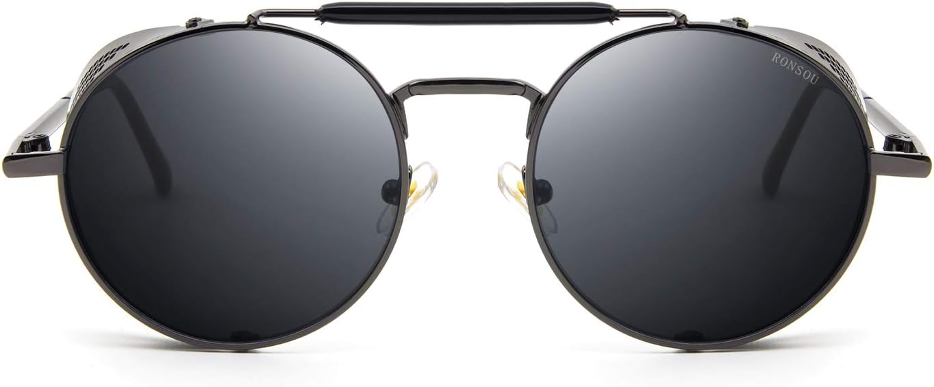 RONSOU Steampunk Style Ronde Vintage Polarisées Lunettes de Soleil Rétro Lunettes UV400 Protection Métal Cadre B2 Cadre Grise/Lentille Grise(non-polarisé)