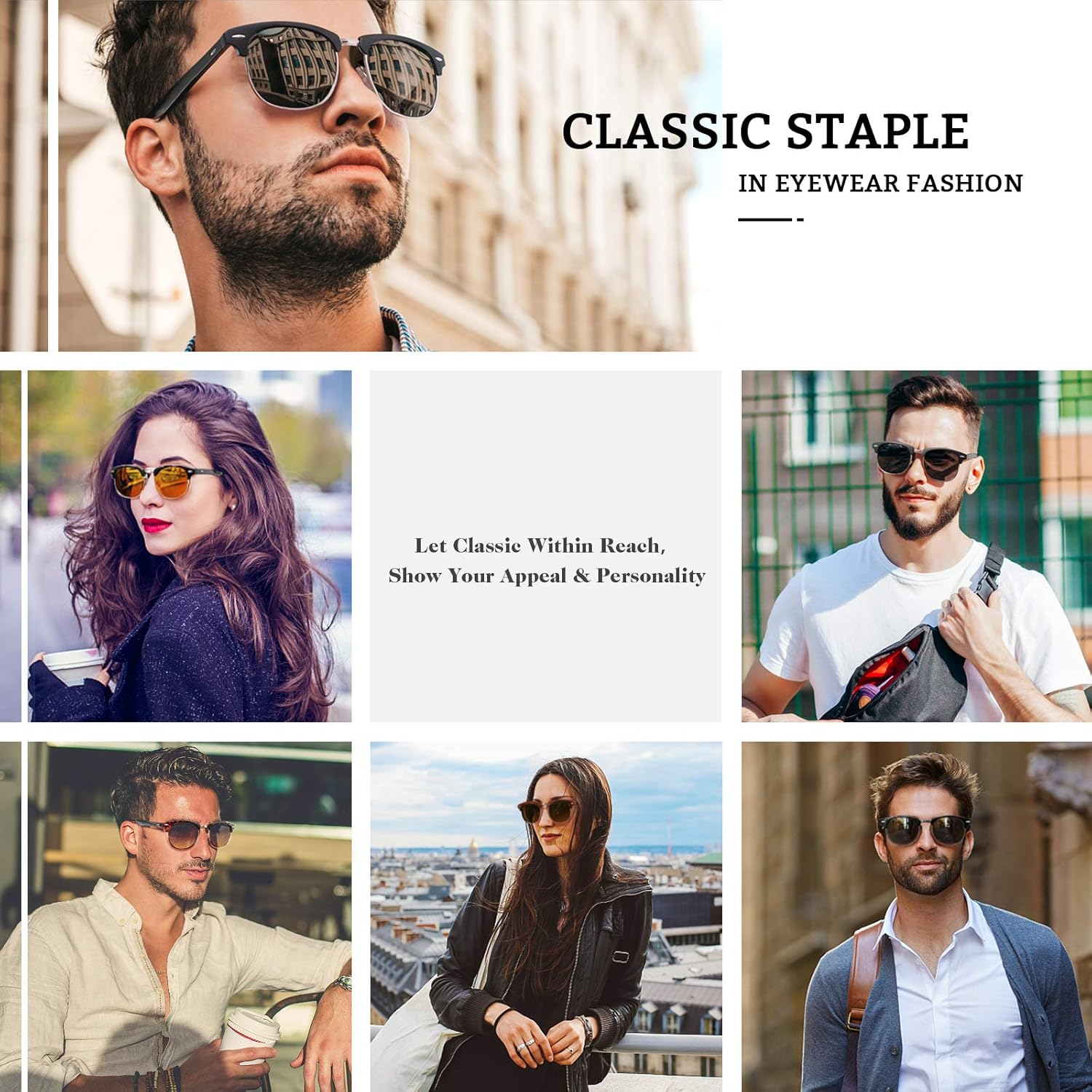 Lunettes de Soleil Homme Femme Polarisées Retro Demi-Cerclées Demi-Monture Protection UV400 GQO6 0 Brillant Noir Gris