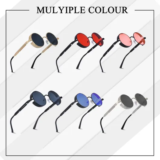 Lunettes de Soleil Homme Femme Polarisée Steampunk Lunette et Accessoires Vintage Ronde Cadre Métallique UV400 Protection Taille unique Cadre Noir & Lentille Rouge