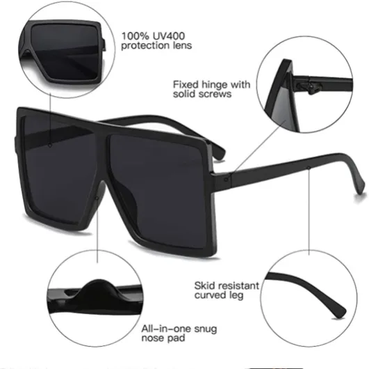 Lunettes de soleil carrées surdimensionnées pour femme - Haut plat - Nuances tendance Noir