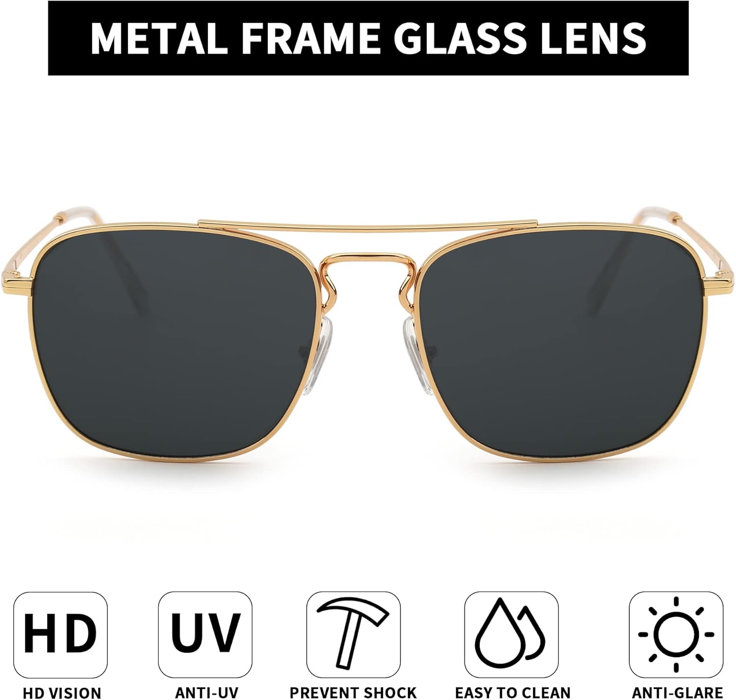 Rétro Carré Aviateur Lunettes de Soleil Premium Verre Lentille Plat Métal Lunette Solaire Hommes Femmes Or / Gris