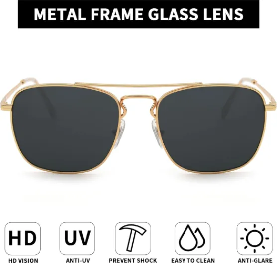 Rétro Carré Aviateur Lunettes de Soleil Premium Verre Lentille Plat Métal Lunette Solaire Hommes Femmes Or / Gris