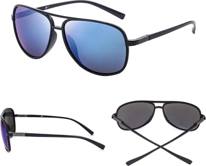 Rétro Polarisé Pilot Lunettes de Soleil Miroir Hommes Femmes Lunettes Légères Noir Brillant/Bleu Miroir