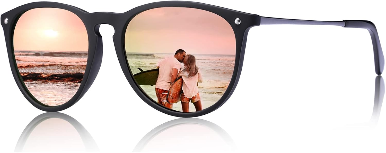 Lunettes de Soleil Femme Homme Polarisées Cat.3 Vintage Cadre en Acétate UV400 Protection A9-monture Noir Verres Rose