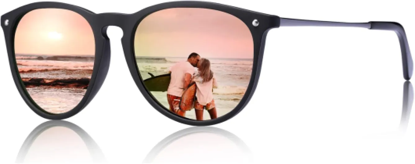 Lunettes de Soleil Femme Homme Polarisées Cat.3 Vintage Cadre en Acétate UV400 Protection A9-monture Noir Verres Rose